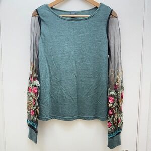 Emery Rose Teal Floral Embroidered‎ Sheer Long Sleeve Top Size S Fairy Feminine